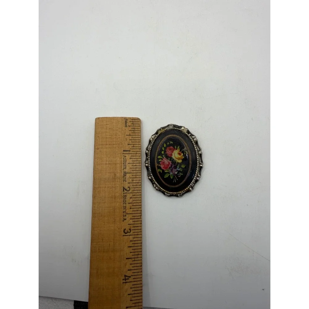Vintage‎ Hand Painted Floral Oval Brooch Silver Tone Ornate Frame Black Enamel